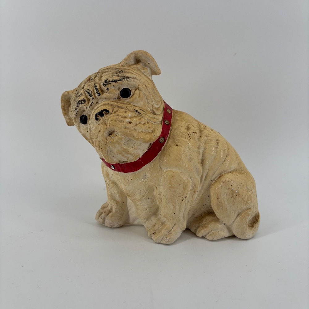 Vintage English Bulldog Figurine Small Tan Red Studded Collar Wrinkled Mascot‎